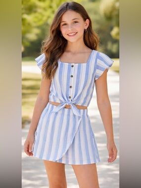 NEW Olivia Kay Girls 10/12 Blue & White Striped Tie-Front Two-Piece Set